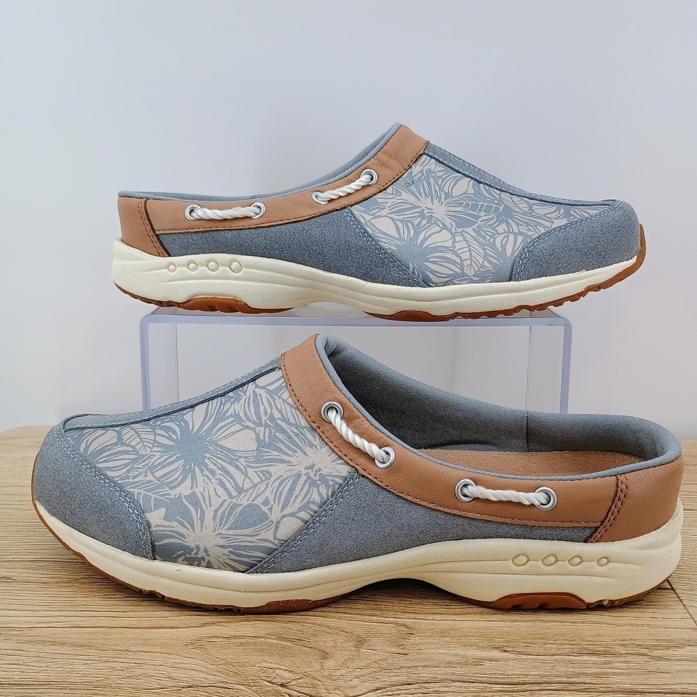 Easy Spirit Traveltime Womens 11 W Blue Leather Floral Clog Mule Comfort Shoes